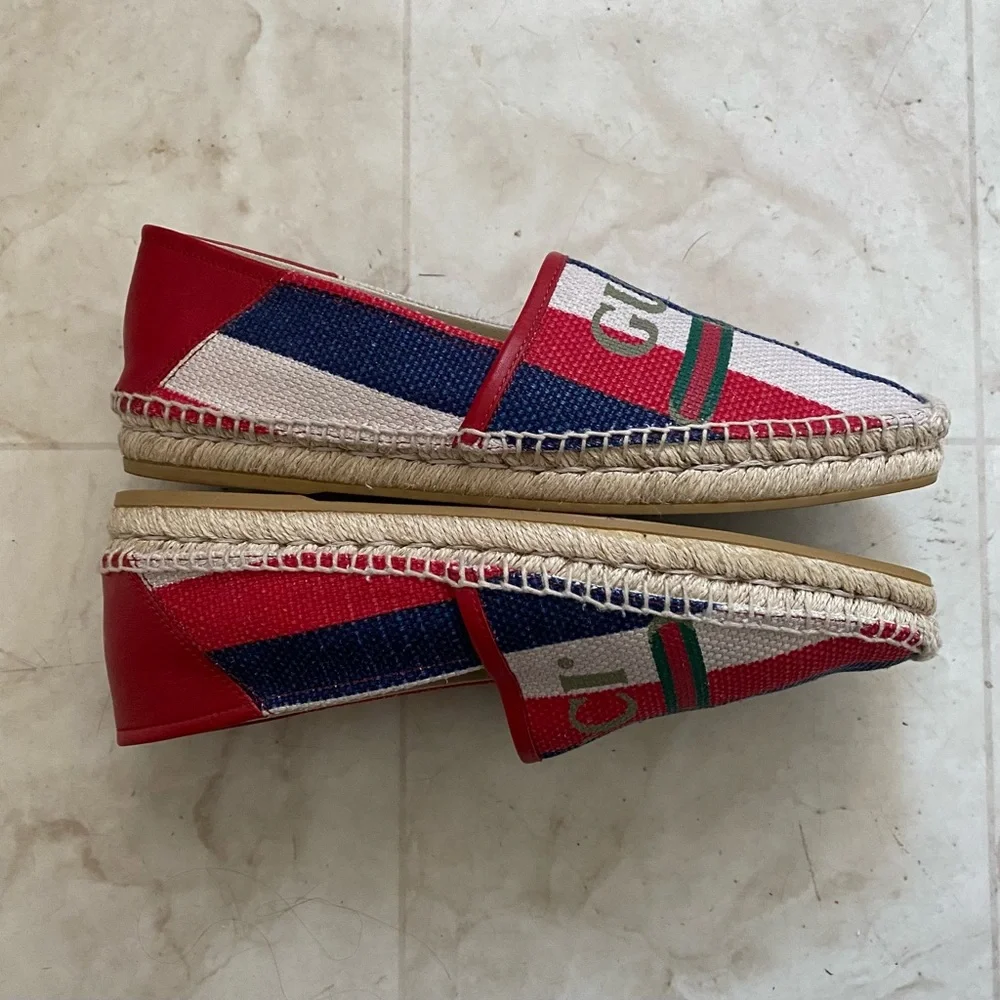Gucci Sylvie Stripes Interlocking G Logo Canvas Leather Espadrilles Flats size 8